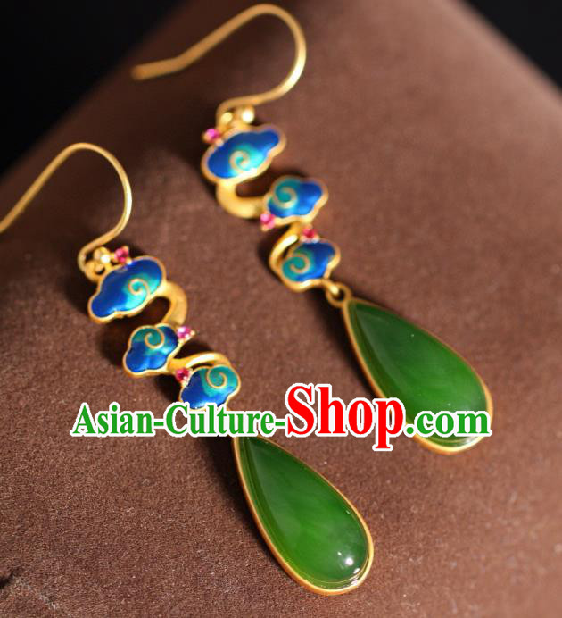 China Traditional Green Jade Ear Jewelry Accessories Classical Cheongsam Enamel Cloud Earrings