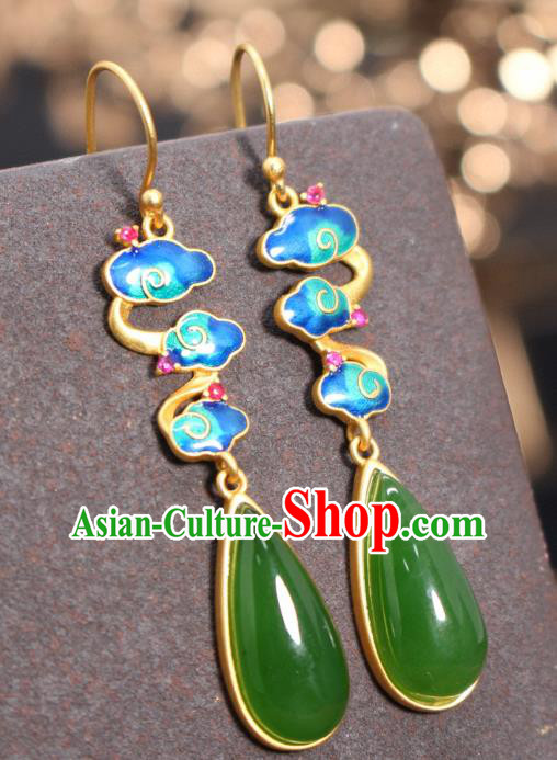China Traditional Green Jade Ear Jewelry Accessories Classical Cheongsam Enamel Cloud Earrings