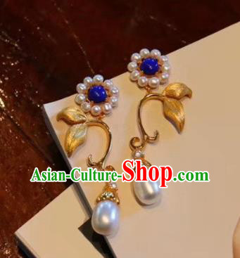 China Traditional Golden Flower Ear Jewelry Accessories Classical Cheongsam Pearls Earrings