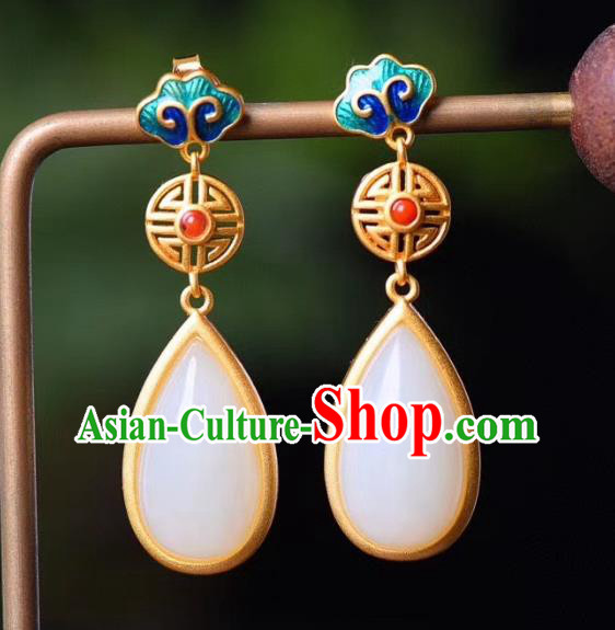 China Traditional Qing Dynasty Jade Ear Jewelry Accessories Classical Cheongsam Blueing Cloud Earrings