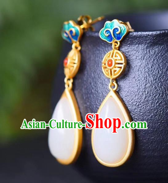 China Traditional Qing Dynasty Jade Ear Jewelry Accessories Classical Cheongsam Blueing Cloud Earrings