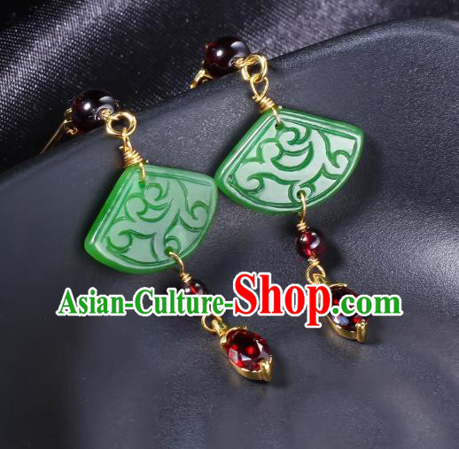 China Traditional Garnet Ear Jewelry Accessories Classical Cheongsam Jade Fan Earrings