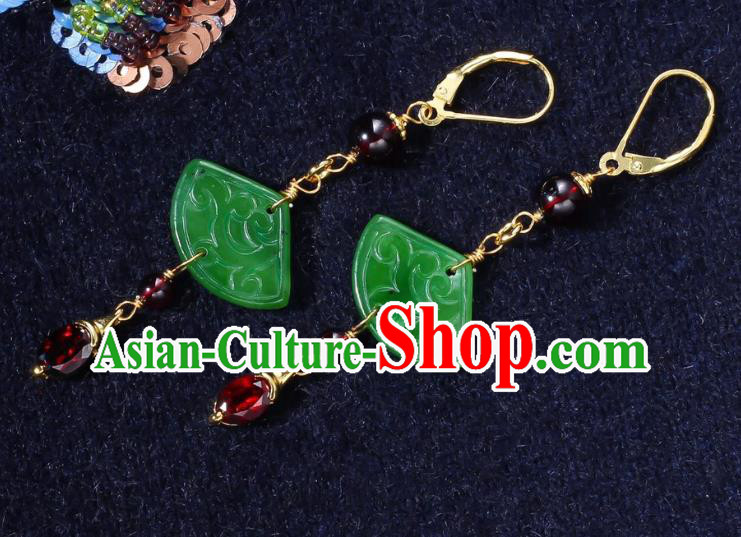 China Traditional Garnet Ear Jewelry Accessories Classical Cheongsam Jade Fan Earrings