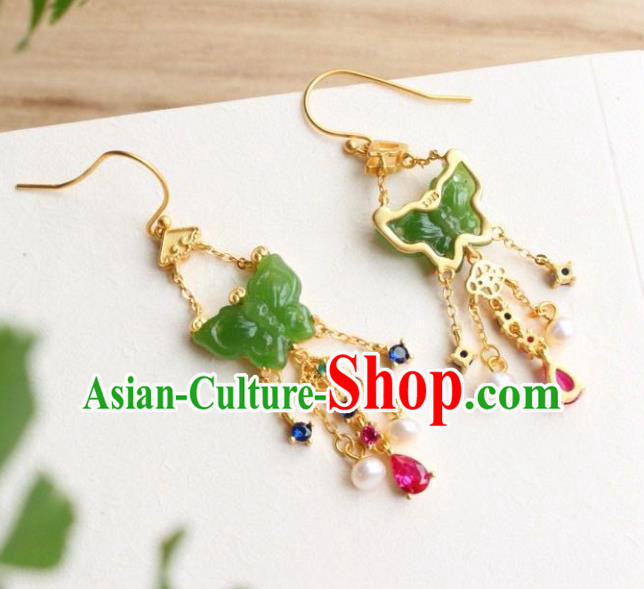 China Traditional Jade Butterfly Ear Jewelry Accessories Classical Cheongsam Crystal Tassel Earrings