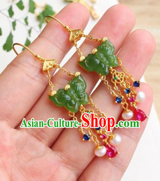China Traditional Jade Butterfly Ear Jewelry Accessories Classical Cheongsam Crystal Tassel Earrings