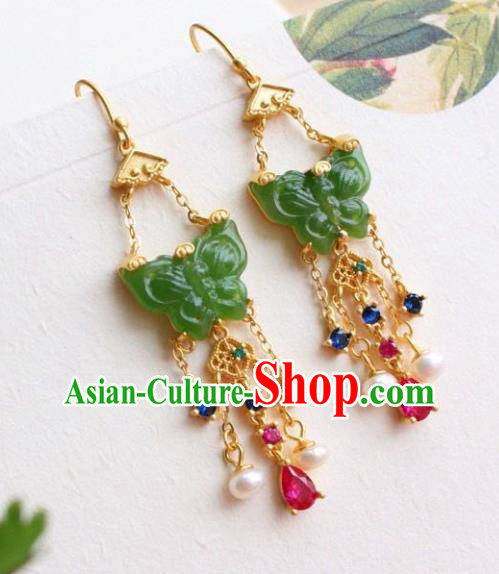 China Traditional Jade Butterfly Ear Jewelry Accessories Classical Cheongsam Crystal Tassel Earrings