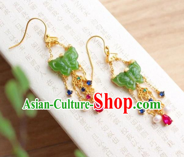 China Traditional Jade Butterfly Ear Jewelry Accessories Classical Cheongsam Crystal Tassel Earrings
