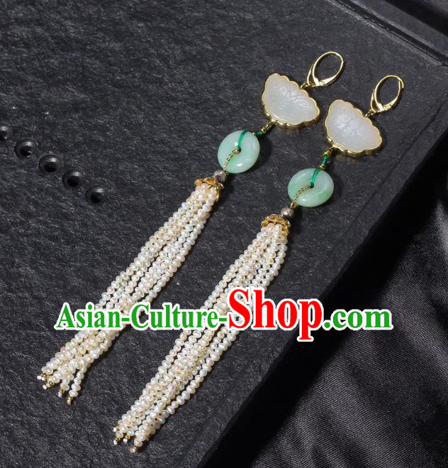 China Traditional Pearls Long Tassel Ear Jewelry Accessories Classical Cheongsam Jade Butterfly Earrings
