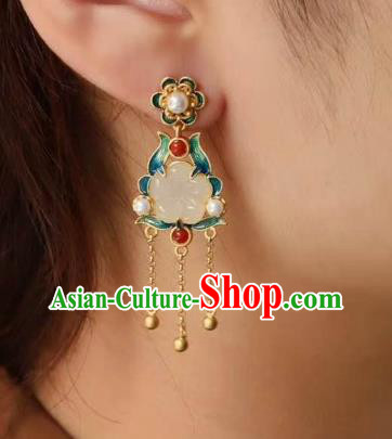 China Traditional Jade Plum Ear Jewelry Accessories Classical Cheongsam Blueing Golden Tassel Earrings