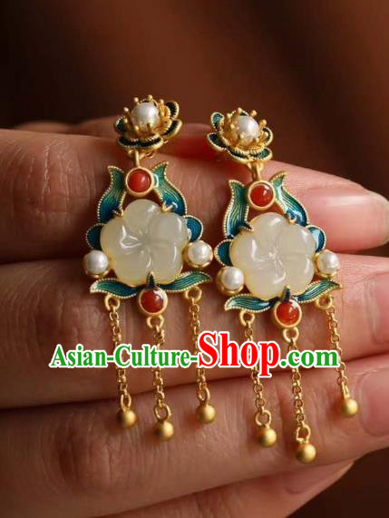 China Traditional Jade Plum Ear Jewelry Accessories Classical Cheongsam Blueing Golden Tassel Earrings