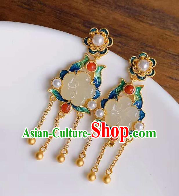 China Traditional Jade Plum Ear Jewelry Accessories Classical Cheongsam Blueing Golden Tassel Earrings