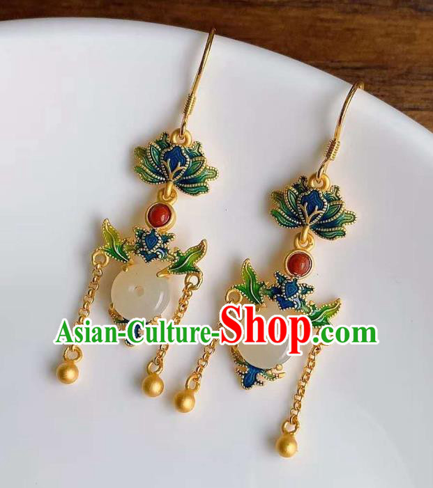 China Traditional Golden Tassel Jade Ear Jewelry Accessories Classical Cheongsam Blueing Lotus Earrings
