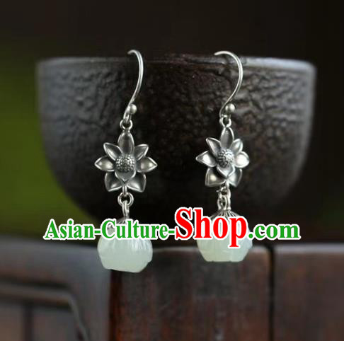 China Traditional Hetian Jade Ear Jewelry Accessories Classical Cheongsam Silver Lotus Earrings