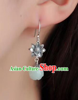 China Traditional Hetian Jade Ear Jewelry Accessories Classical Cheongsam Silver Lotus Earrings