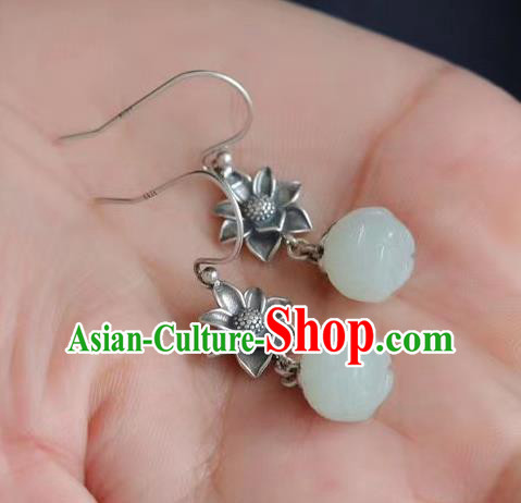 China Traditional Hetian Jade Ear Jewelry Accessories Classical Cheongsam Silver Lotus Earrings