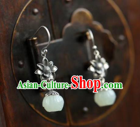 China Traditional Hetian Jade Ear Jewelry Accessories Classical Cheongsam Silver Lotus Earrings