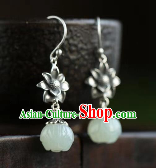 China Traditional Hetian Jade Ear Jewelry Accessories Classical Cheongsam Silver Lotus Earrings