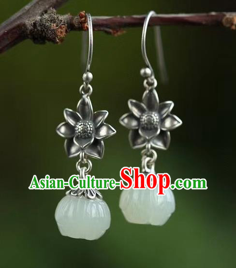China Traditional Hetian Jade Ear Jewelry Accessories Classical Cheongsam Silver Lotus Earrings