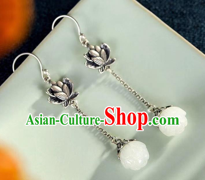 China Traditional Silver Ear Jewelry Accessories Classical Cheongsam Jade Lotus Earrings