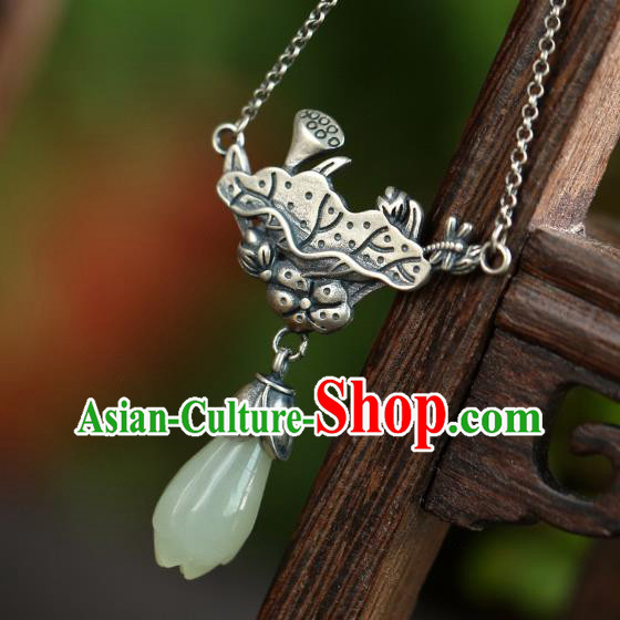China Traditional Cheongsam Silver Lotus Necklace Jewelry Handmade Necklet Pendant Jade Mangnolia Accessories