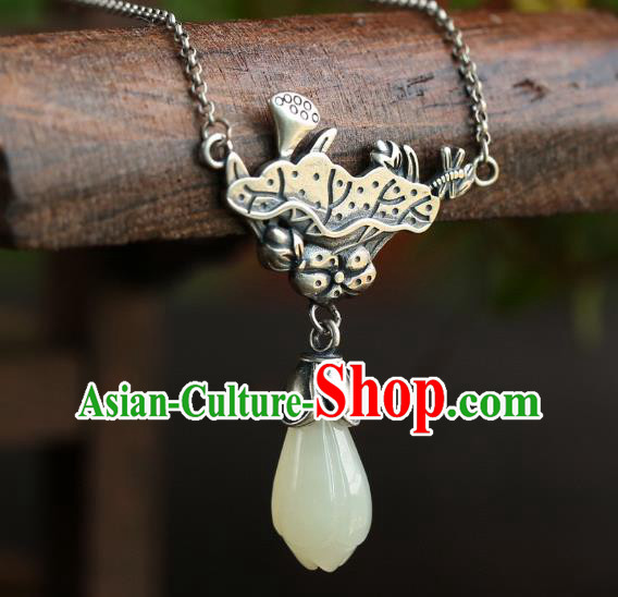 China Traditional Cheongsam Silver Lotus Necklace Jewelry Handmade Necklet Pendant Jade Mangnolia Accessories