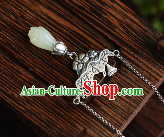 China Traditional Cheongsam Silver Lotus Necklace Jewelry Handmade Necklet Pendant Jade Mangnolia Accessories