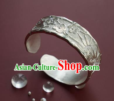 China Handmade Silver Bracelet Accessories Traditional National Carving Pine Bamboo Plum Bangle Jewelry