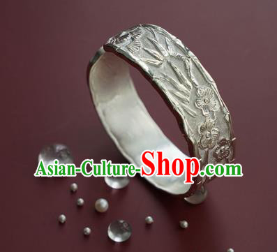 China Handmade Silver Bracelet Accessories Traditional National Carving Pine Bamboo Plum Bangle Jewelry