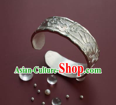 China Handmade Silver Bracelet Accessories Traditional National Carving Pine Bamboo Plum Bangle Jewelry