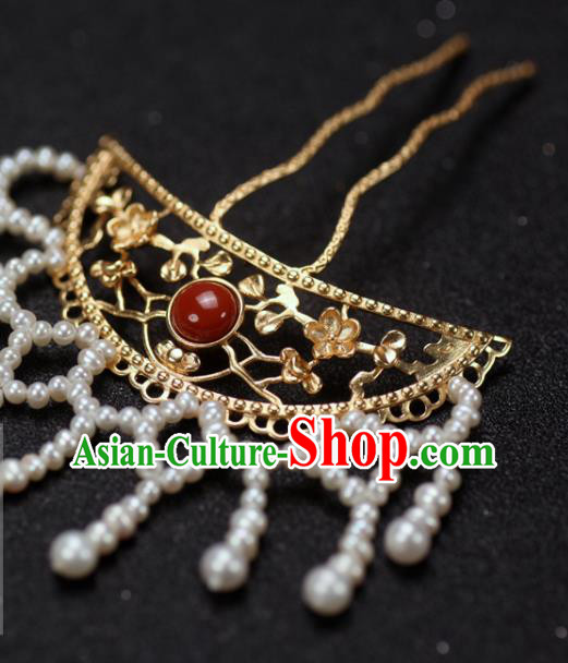 China Traditional Ming Dynasty Hair Accessories Ancient Princess Golden Hair Stick Handmade Pearls Tassel Hairpin