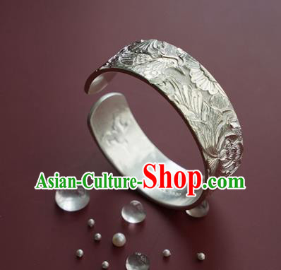 China Handmade Silver Bracelet Traditional National Carving Lotus Bangle Jewelry Accessories