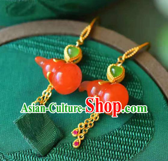 Handmade China Agate Gourd Earrings Traditional Golden Tassel Ear Jewelry Accessories