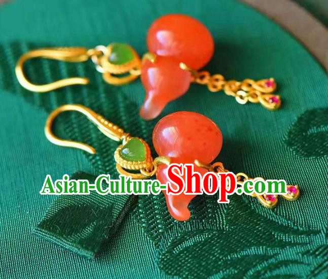 Handmade China Agate Gourd Earrings Traditional Golden Tassel Ear Jewelry Accessories