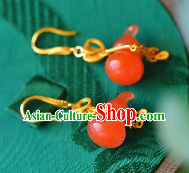 Handmade China Agate Gourd Earrings Traditional Golden Tassel Ear Jewelry Accessories