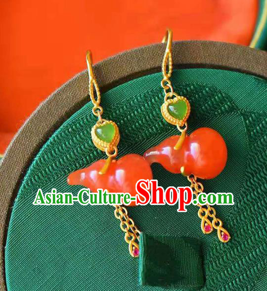 Handmade China Agate Gourd Earrings Traditional Golden Tassel Ear Jewelry Accessories