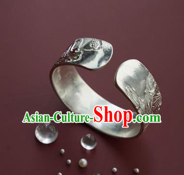 China Handmade Silver Bracelet Traditional National Carving Lotus Bangle Jewelry Accessories