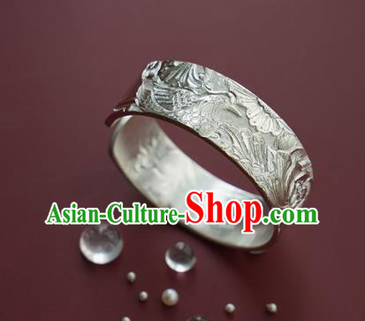 China Handmade Silver Bracelet Traditional National Carving Lotus Bangle Jewelry Accessories