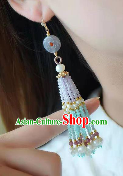 Handmade China Hetian Jade Ear National Jewelry Accessories Traditional Cheongsam Pearls Tassel Earrings