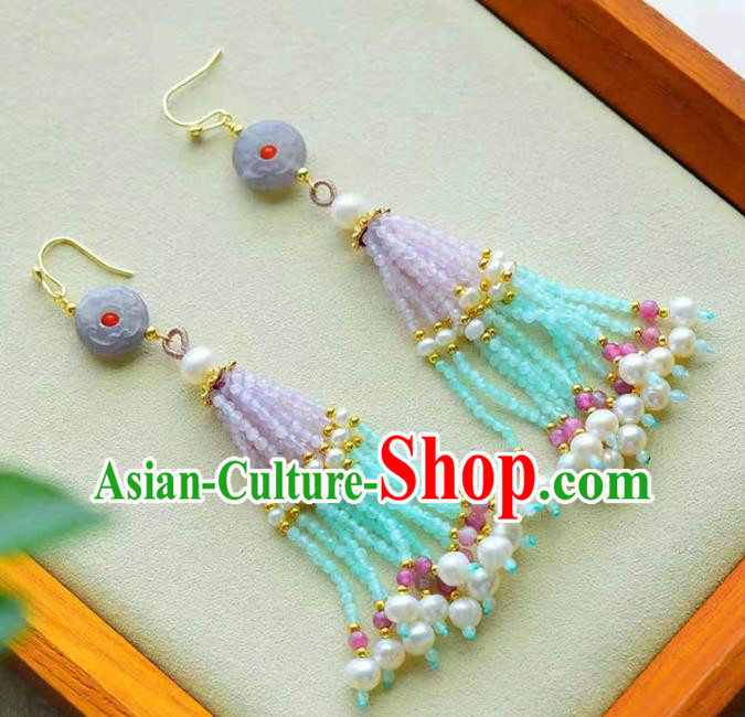 Handmade China Hetian Jade Ear National Jewelry Accessories Traditional Cheongsam Pearls Tassel Earrings