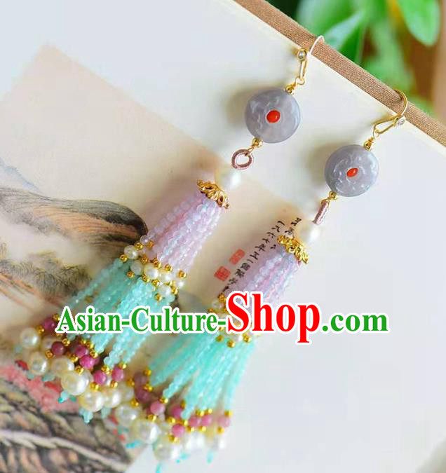 Handmade China Hetian Jade Ear National Jewelry Accessories Traditional Cheongsam Pearls Tassel Earrings