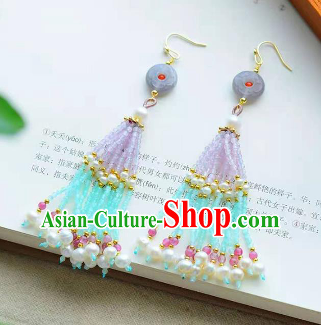 Handmade China Hetian Jade Ear National Jewelry Accessories Traditional Cheongsam Pearls Tassel Earrings