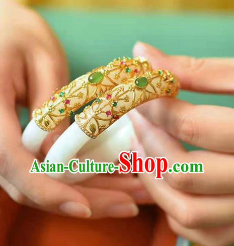 China Handmade Emerald Bracelet Traditional Jewelry Accessories National White Jade Bangle