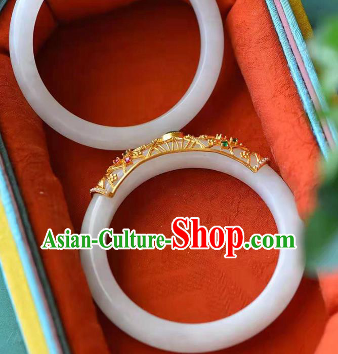 China Handmade Emerald Bracelet Traditional Jewelry Accessories National White Jade Bangle