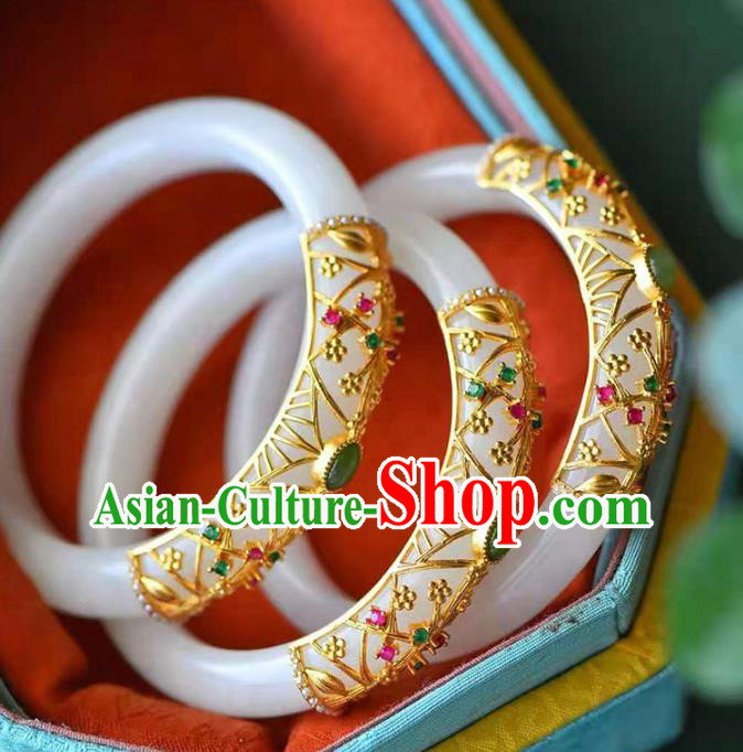 China Handmade Emerald Bracelet Traditional Jewelry Accessories National White Jade Bangle