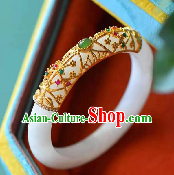 China Handmade Emerald Bracelet Traditional Jewelry Accessories National White Jade Bangle