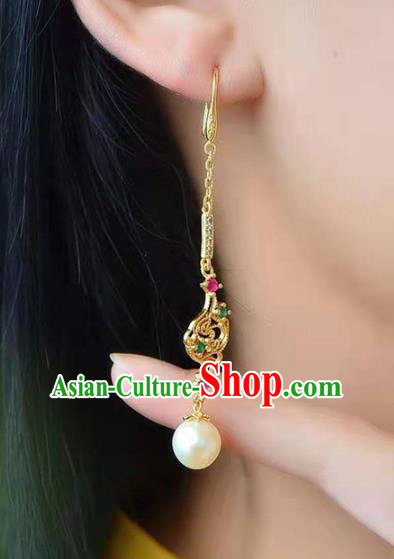 Handmade China Pearl Tassel Ear National Jewelry Accessories Traditional Cheongsam Golden Earrings