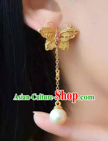 Handmade China Golden Butterfly Ear National Jewelry Accessories Traditional Cheongsam Tourmaline Pearl Earrings