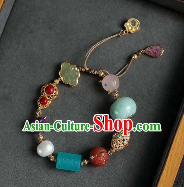 China Handmade Jadeite Pearl Bracelet Traditional Jewelry Accessories National Agate Gourd Bangle
