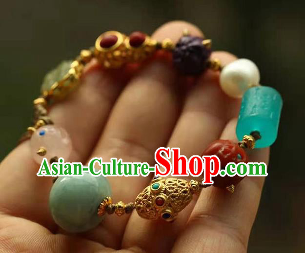 China Handmade Jadeite Pearl Bracelet Traditional Jewelry Accessories National Agate Gourd Bangle