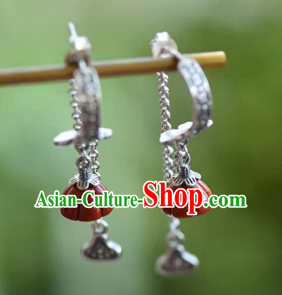 Handmade China Agate Lotus Seedpod Ear National Jewelry Accessories Traditional Cheongsam Silver Earrings